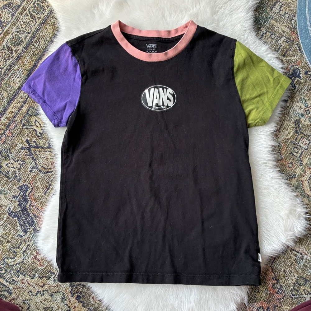 VTG‎ Vans women's Colorblock Ringer TShirt Black Purple Green Pink X Small